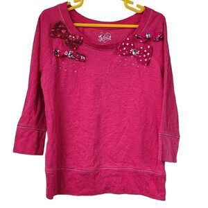 Justice Girls 10 Hot Pink Rhinestone Sequin Polka Dot Bow Short Sleeve Knit Top